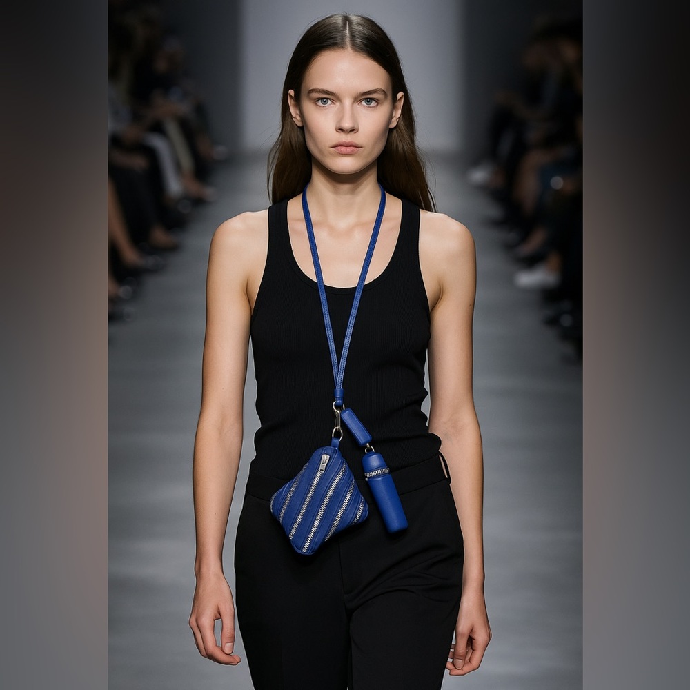 Alexander Wang Blue Zipper Pouch Lipstick Holder Card Case  Nylon Silver Lanyard